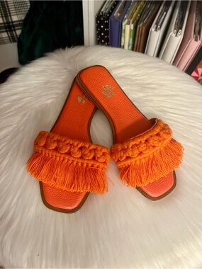 NEW Women Orange Fringe Flat Slide Sandals Size 8